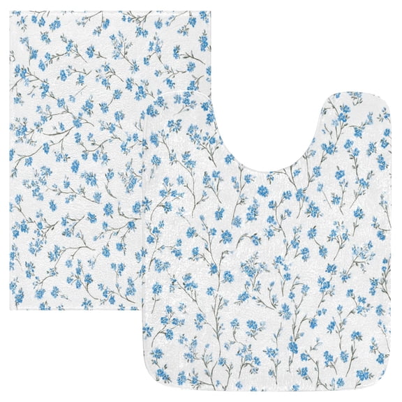 2PCS Bathroom Rug Set Non Slip Absorbent U-Shaped Toilet Mat & Rectangular Mat Small Blue Floral Pattern