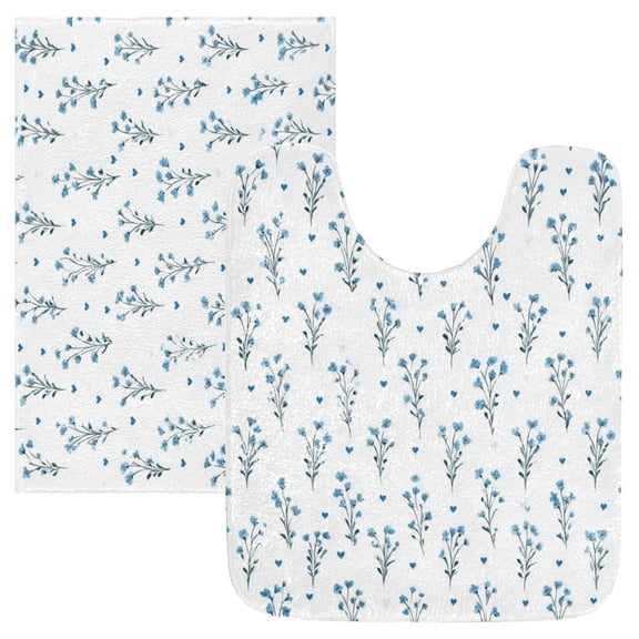 2PCS Bathroom Rug Set Non Slip Absorbent U-Shaped Toilet Mat & Rectangular Mat Small Blue Flowers Pattern