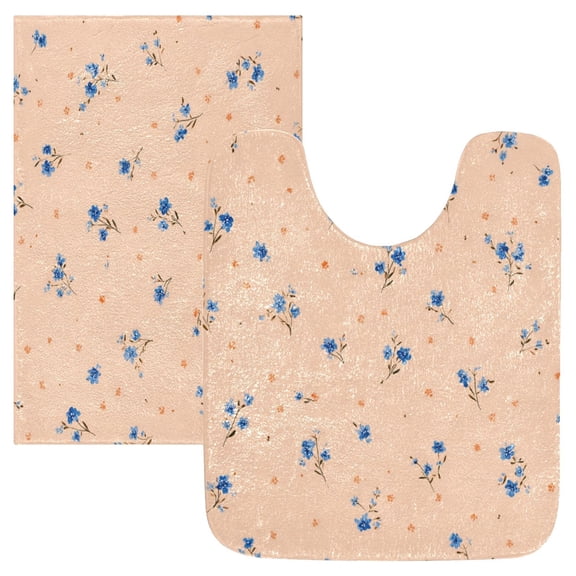 2PCS Bathroom Rug Set Non Slip Absorbent U-Shaped Toilet Mat & Rectangular Mat Small Blue and Orange Flowers
