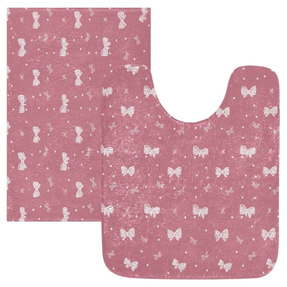 2PCS Bathroom Rug Set Non Slip Absorbent U-Shaped Toilet Mat & Rectangular Mat Small Bows and Dots Pattern