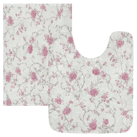 2PCS Bathroom Rug Set Non Slip Absorbent U-Shaped Toilet Mat & Rectangular Mat Small Pink Floral Pattern