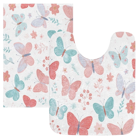 2PCS Bathroom Rug Set Non Slip Absorbent U-Shaped Toilet Mat & Rectangular Mat Spring Butterflies and Flowers