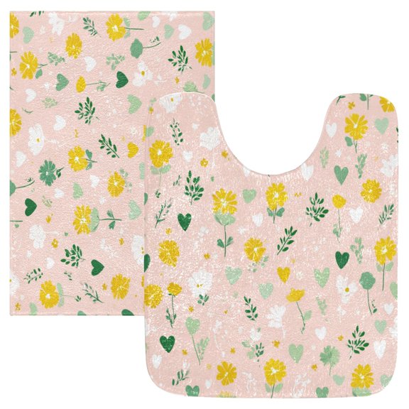 2PCS Bathroom Rug Set Non Slip Absorbent U-Shaped Toilet Mat & Rectangular Mat Spring Flowers and Hearts Pattern