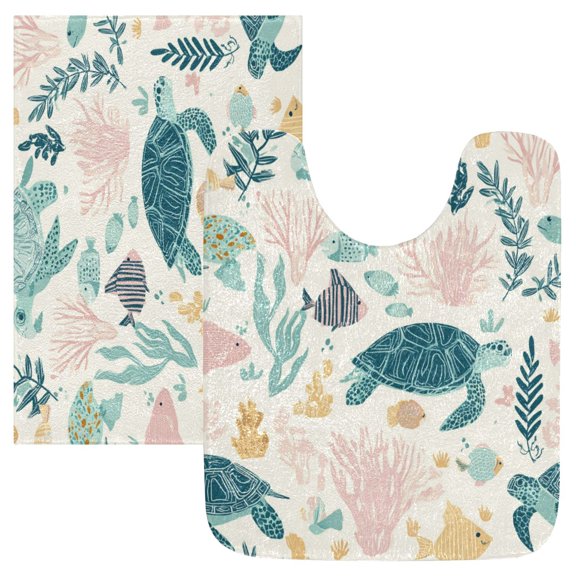 2PCS Bathroom Rug Set Non Slip Absorbent U-Shaped Toilet Mat & Rectangular Mat Turtles and Sea Plants Pattern