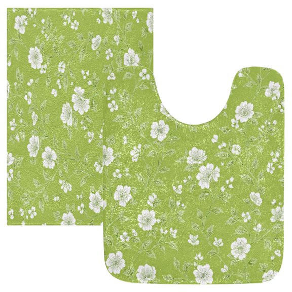 2PCS Bathroom Rug Set Non Slip Absorbent U-Shaped Toilet Mat & Rectangular Mat White Flowers and Leaves