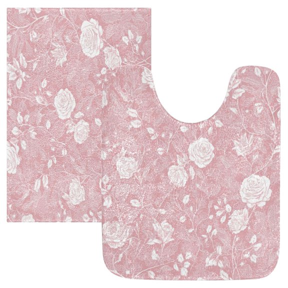 2PCS Bathroom Rug Set Non Slip Absorbent U-Shaped Toilet Mat & Rectangular Mat White Roses and Vines
