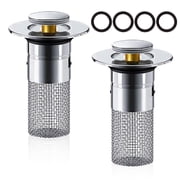 Sink Drain Strainer, 2 Pack 304 Stainless Steel Bathroom Sink Stopper and Tub Stopper, with Bouncing Head and Brass Core, Large Drainage Capacity, Fits 34-40mm Drain Openings