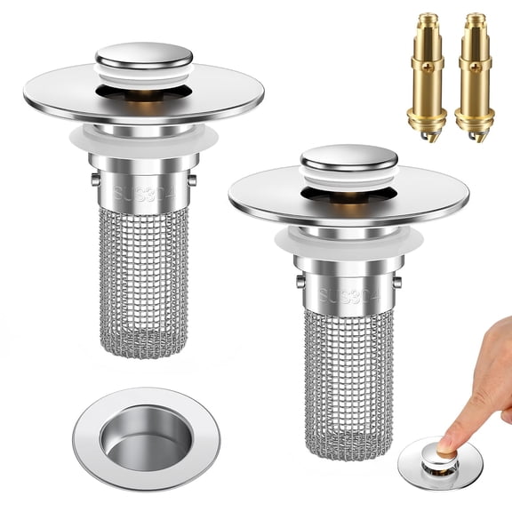2PCS Bathroom Sink Stopper Strainer, Pop-Up Bathroom Sink Drain Strainer with Removable Stainless Steel Hair Catcher Basket, Universal Fit for Bathroom Sinks, Bathtubs, Showers & Floor Drains