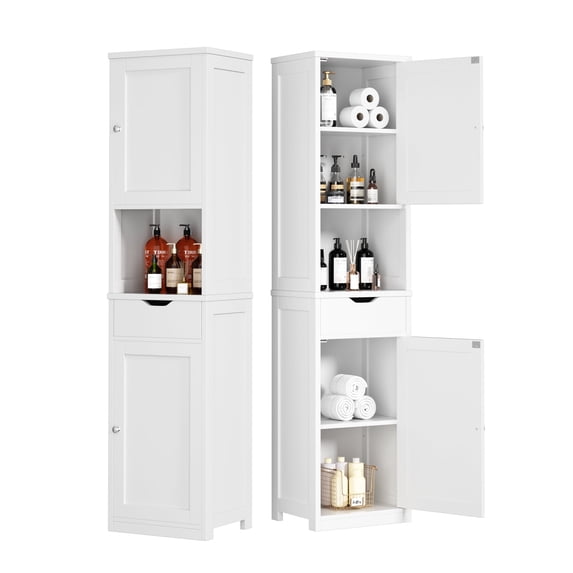 2PCS Bathroom Storage Cabinets 64" Tall Narrow Wooden Cabinets Set of 2 with Doors Shelves Drawer White