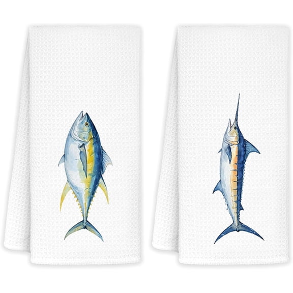 2PCS Beach Coastal Kitchen Towels, Nautical Beachy Hand Towels for Bathroom Kitchen Decor, Ocean Bathroom Decor, Manta Ray Jellyfish Sea Animal Decorative Dish Tea Towels, 16x24 Inch