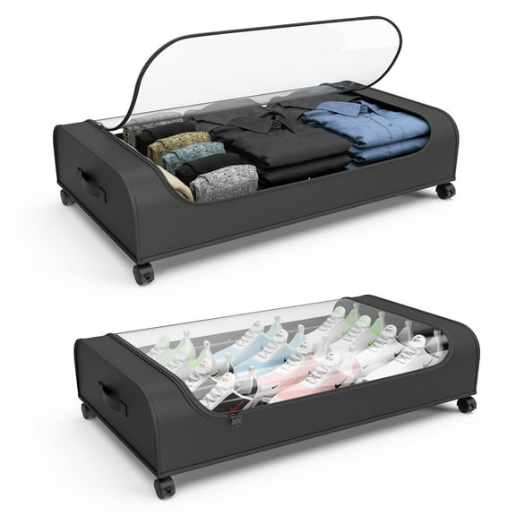 2PCS Under Bed Storage Organizer with Wheels Clear Top Underbed Storage Container for Clothes Shoes Blankets Foldable Under Bed Storage Bin with Handles for Bedroom Closet