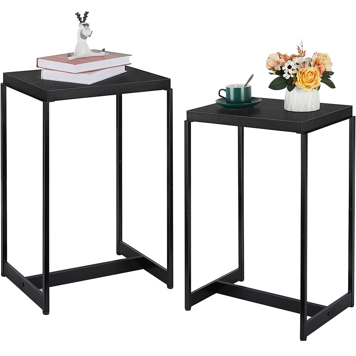 2PCS Bedside Table with Wooden Shelf Sofa Side Table