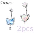 thumbnail image 1 of 2PCS Belly Button Rings Dangle Butterfly Heart Opal 316L Stainless Navel Ring 14G Curved Barbell Body Piercing Jewelry, 1 of 16