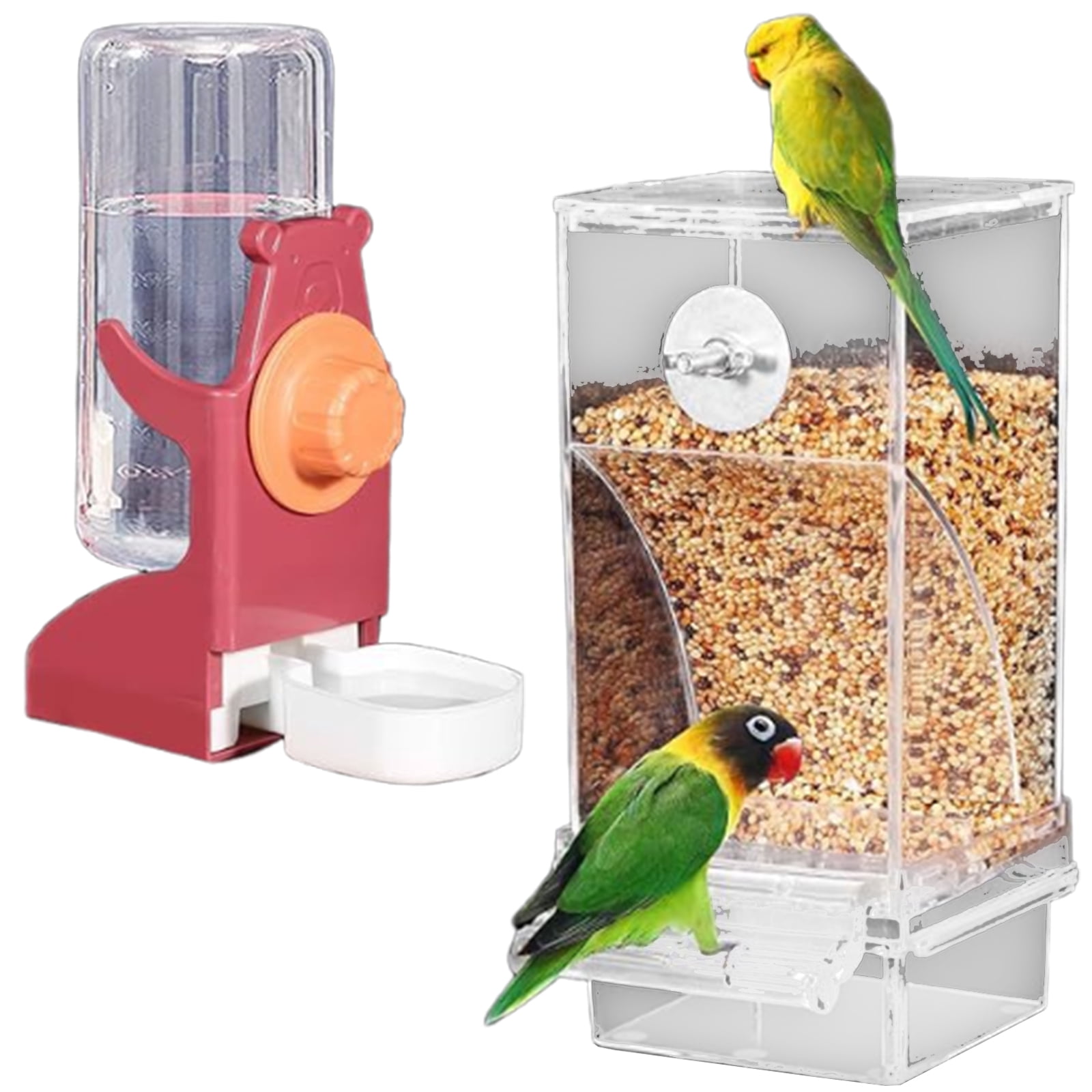 2PCS Bird Feeder and Waterer Set Treat Container AntiWaste Tray ABS ...