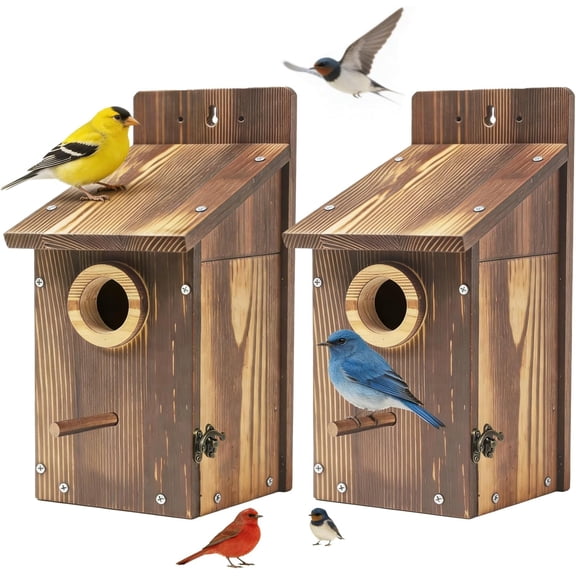 2PCS Bird Houses for Outside Carbonized Bluebird Houses for Outside With Round Entry Hole & Perch Features Clear View Window & Predator Guard Perfect for Bluebirds, Finches, Swallows & More