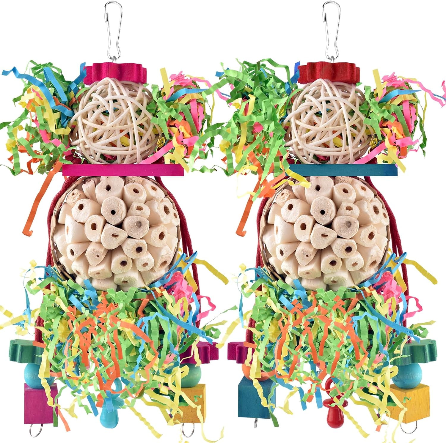 2PCS Bird Parrot Foraging Shredder Hanging Toys Sola Balls Sepak Takraw with Pacifier for Small Parrots Parakeets Conures Cockatiels Love Birds Cage Toy