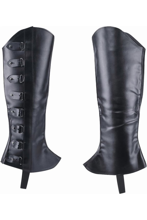 2PCS Black Leather Pirate Leg Covers Medieval Leg Guards Gaiters Retro Renaissance PU Leather Boot Covers Imitation Leather Boot Tops Wraps for Halloween Knight Cosplay Costume Accessories