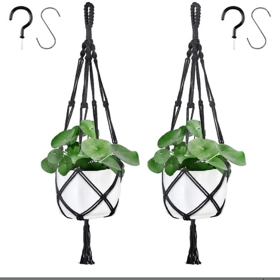 2PCS Black Macrame Plant Hanger Hanging Basket with 2 Hooks, 37.8 Inch Boho Handmade Cotton Rope Planter Holder with Disk Flower Design for Indoor Outdoor Home Decor