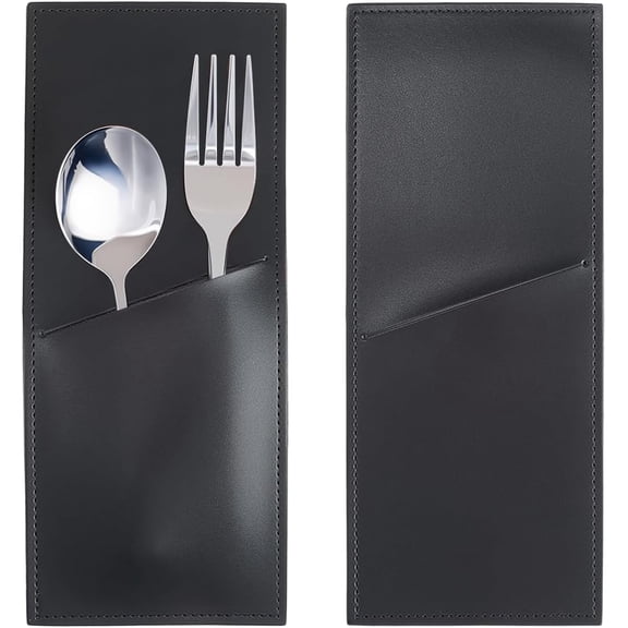 2PCS Black PU Leather Cutlery Sleeves Rustic Utensils Storage Holder Leather Silverware Pouch Bags Vintage Flatware Tableware Place Set Organizer for Home Kitchen Christmas Table Decor