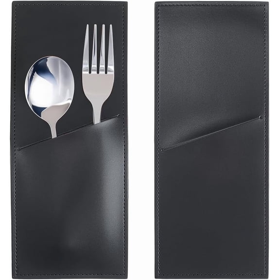 2PCS Black PU Leather Cutlery Sleeves Rustic Utensils Storage Holder Leather Silverware Pouch Bags Vintage Flatware Tableware Place Set Organizer