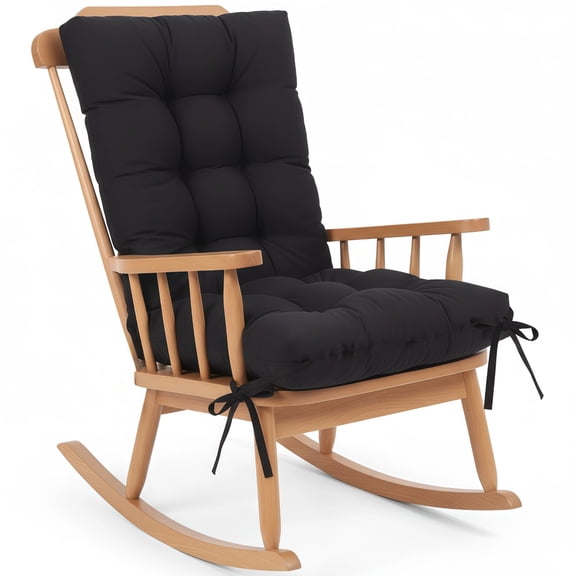 2PCS Black Rocking Chair Cushions, Indoor Outdoor Patio Furniture Pads, High Back Seat Cushion Set with Ties, Soft Polyester Porch Rocker Pads for Garden, Comfortable Armchair Covers