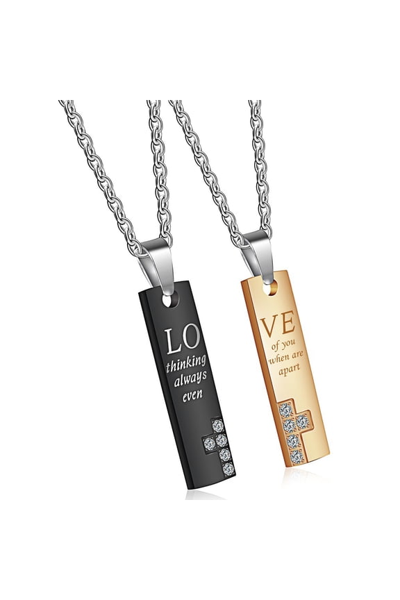 2PCS Black Rose Gold Love Matching Puzzle with Cubic Zirconia Necklace Stainless Steel Pendant Necklaces for Couple