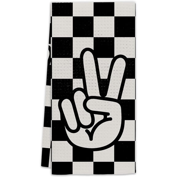 2PCS Black and White Checkered Kitchen Towels, Preppy Checkered Decor Dish Towels, Checkerboard Peace Sign Decorative Hand Towels for Bathroom, Checkered Bathroom Decor, 16x24 inch