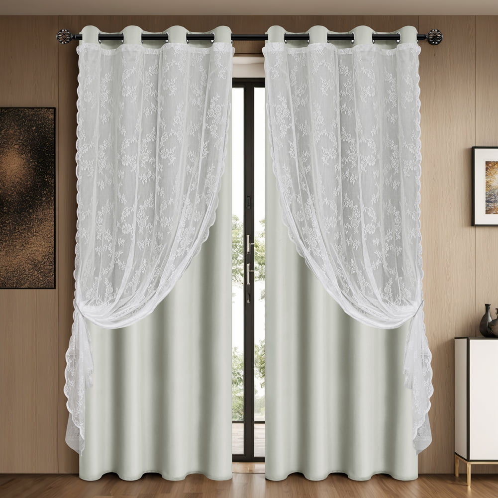 2PCS Blackout Curtains with Sheer Overlay, Deluxe Double Layer Solid Color Window Curtain Rod ...