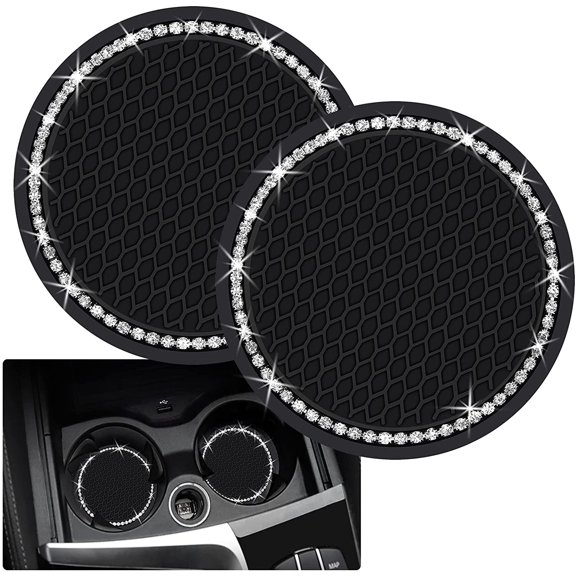 2PCS Bling Car Cup Coaster, 2.75 Inch Auto Cup Holder Insert Coasters Silicone Anti-Slip Crystal Rhinestone Drink Mat, Universal Vehicle Interior Accessories for Women Girls (Black)