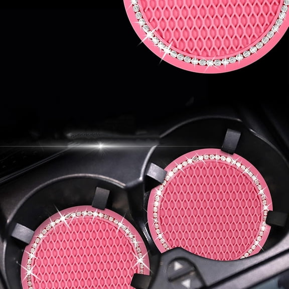 2PCS Bling Car Cup Coaster, 2.75 Inch Auto Cup Holder Insert Coasters Silicone Anti-Slip Drink Mat, Universal Vehicle Interior Accessories (Pink)