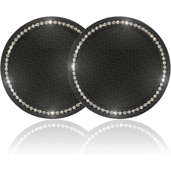 2PCS Bling Car Cup Coaster, SIISLL 2.75 Inch Auto Car Cup Holder Insert Coasters Silicone Anti-Slip Crystal Rhinestone Drink Car Cup Mat, Universal Vehicle Interior Accessories for Women (Black)