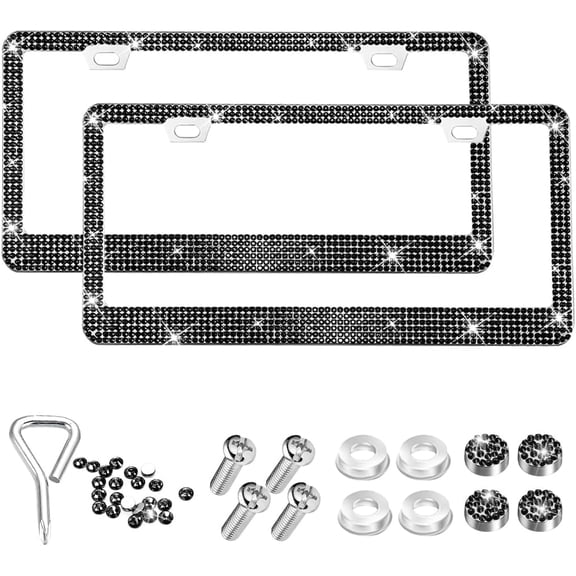 2PCS Bling Car License Plate Frame, Stainless Steel Rhinestone Vehicle License Plate Cover with Screws Caps, Sparkly Automotive Decoration Accessories for Girls Women, Universal Fit (Black)