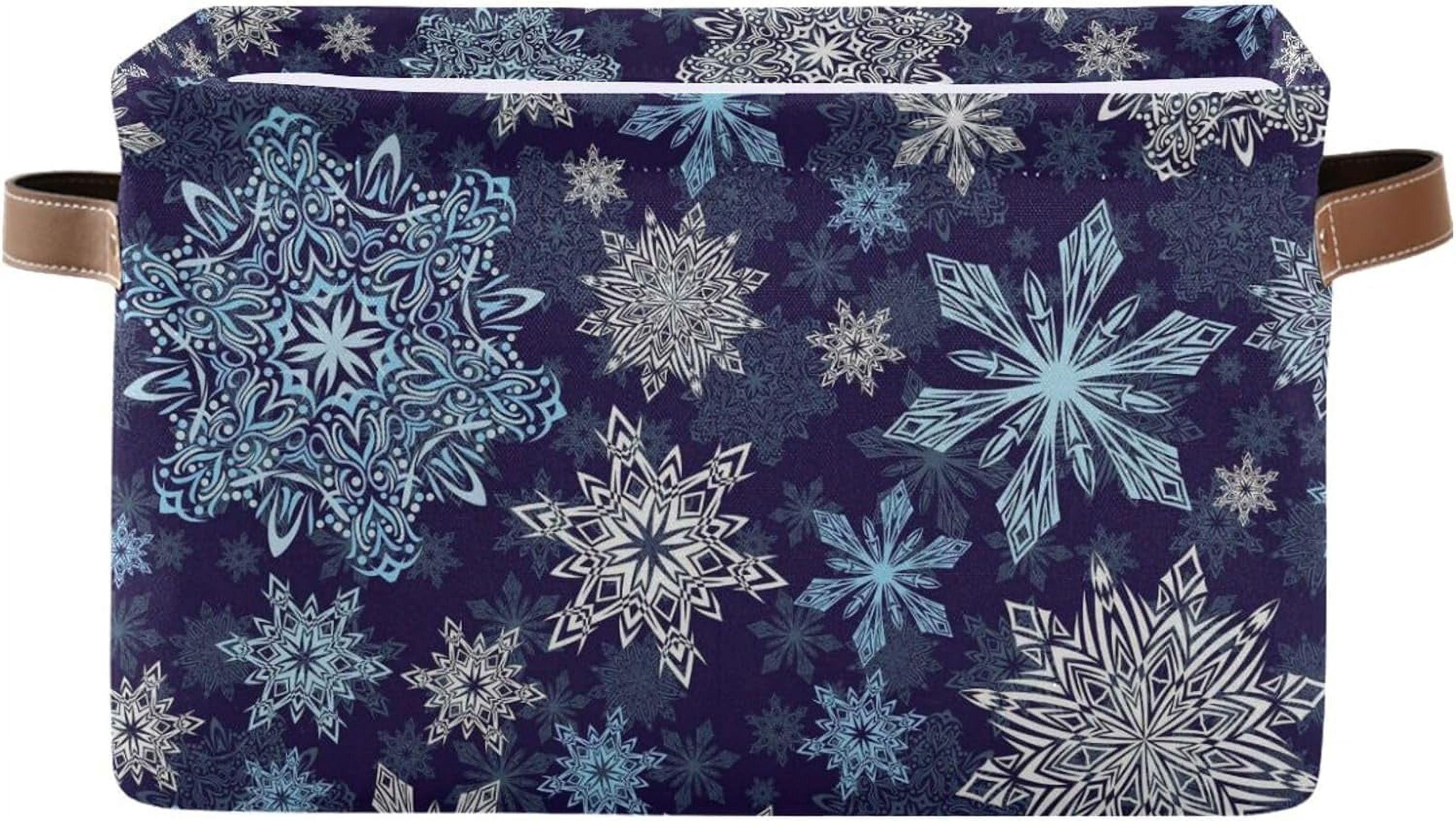 Christmas Blue Snowflakes Storage Basket - Large Collapsible Fabric Bin With PU Handles, 15x11x9.5 Inches