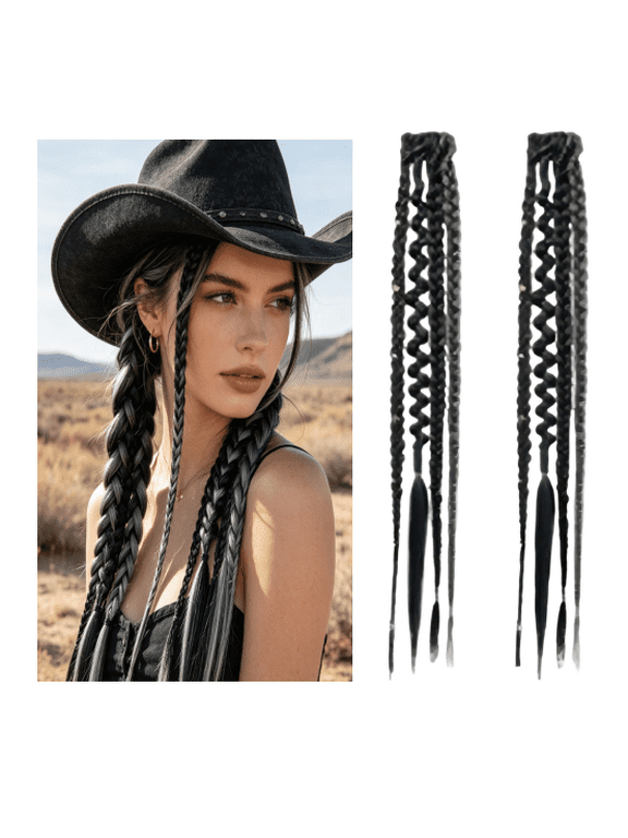 2PCS Boho Dreadlock Clip In Braids with Charms and Beads, Handmade Dreadlock Braids Hair Extensions Synthetic Braided Hairpieces for Women (Black, 16 Inch)