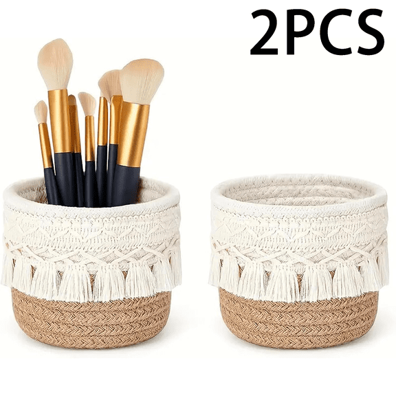 2PCS Boho Makeup Organizer | MultiPurpose Wicker Pencil Holder Bohemian Decor & Small Woven Basket Boho Desk Accessories for Home Office Vanity Desk