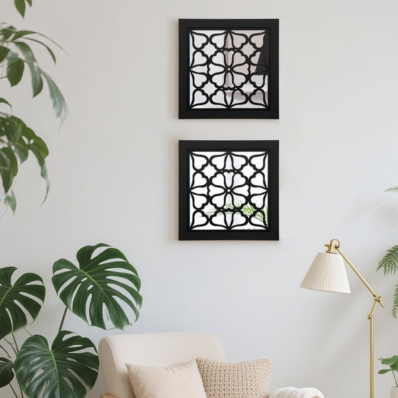 2PCS Boho Wall Mirror Decor Boho Wall Decor Farmhouse Accent Mirror 12Inch Square Shatterproof Vintage Style for Wall Small Decorative,Black