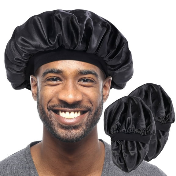 2PCS Bonnets for Men, Double Layer Satin Hair Bonnet for Sleeping, Reversible Night Cap, Bonnet for Curly Hair, Satin Bonnet for Black Men and Women (Black)
