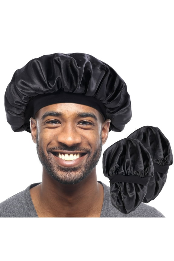 2PCS Bonnets for Men, Double Layer Satin Hair Bonnet for Sleeping, Reversible Night Cap, Bonnet for Curly Hair, Satin Bonnet for Black Men and Women (Black)