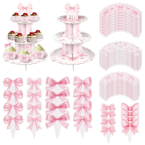 2PCS Bow Theme Paper Cupcake Stand Easy Assembly Detachable 3 Tier Paper Dessert Tier Holder for Wedding Birthday Party