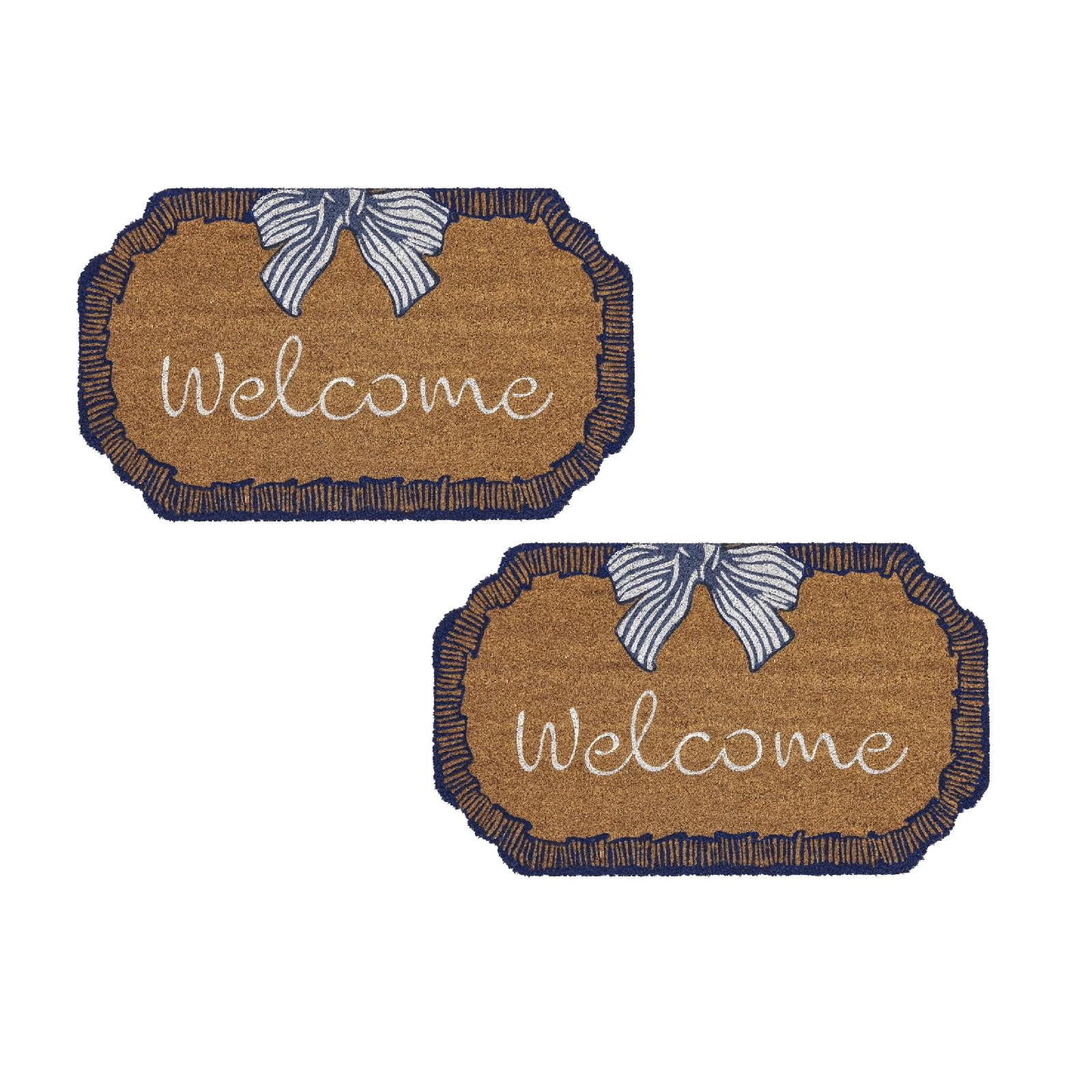 2PCS Bow Welcome Coir Outdoor Doormat, Blue and White, 48" x 30"，Non-Slip Entryway Rug for Home Entrance Indoor Outdoor Use