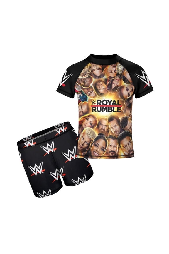 2PCS Boys Wres-Tler W-W,E Rash Guard Swimsuit Short Sleeve Swimwear Sets Beach Bathing Suit for Kids