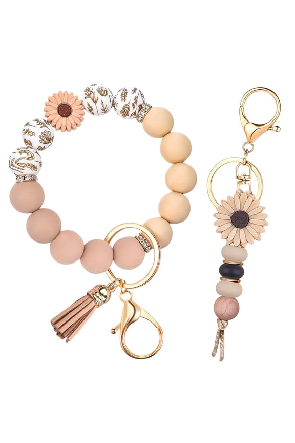 2PCS Bracelet Key Ring Set, Cute Car Key chain Wristlet, Silicone Beaded Bangle keyChains for Women Girls