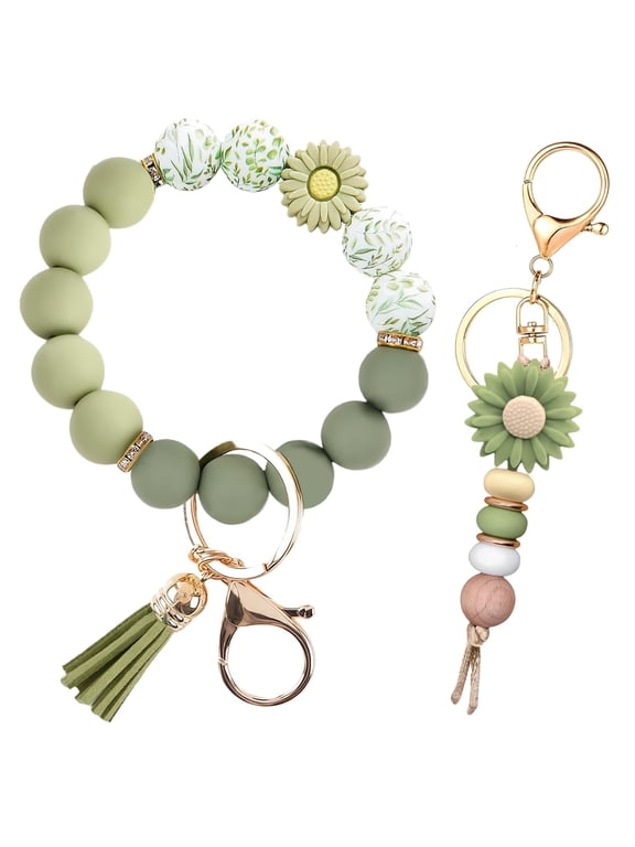 2PCS Bracelet Key Ring Set, Cute Car Key chain Wristlet, Silicone Beaded Bangle keyChains for Women Girls