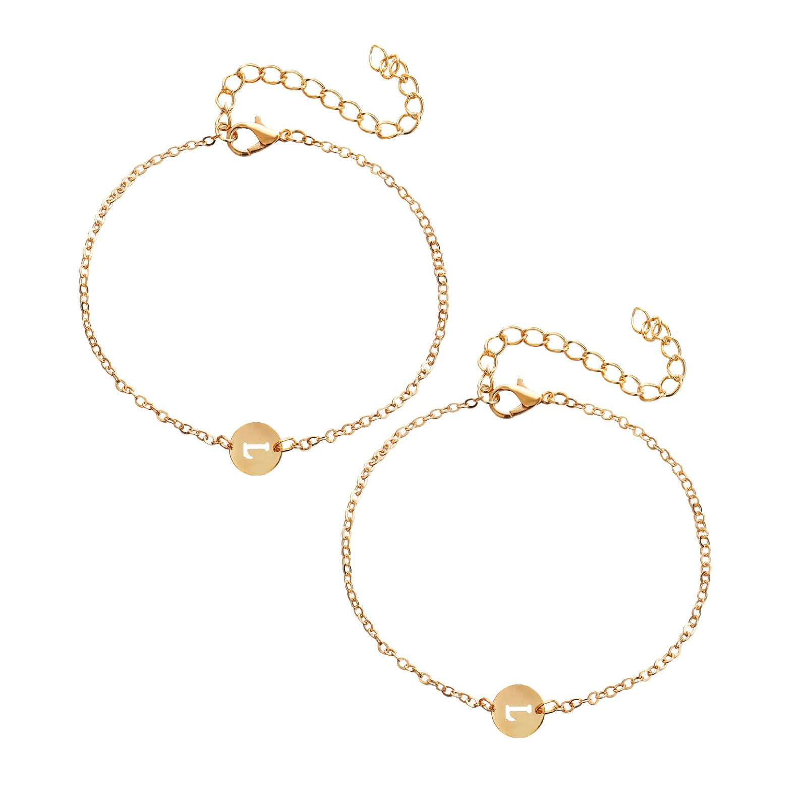 2PCS Bracelets Personalized Initial Bracelet 18K Gold Plated Stainless