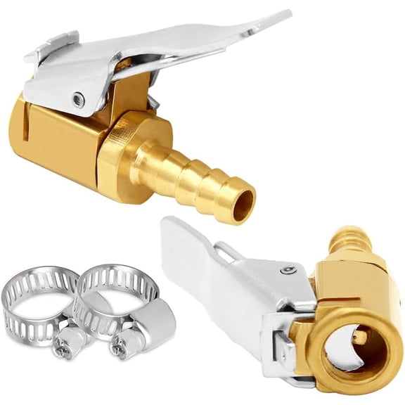 2PCS Brass Tire Inflator Nozzle 1/4" Barb Open Flow Lock on Air Chuck Air Compressor Hose End Repair Include 2 Stainless Steel Clamps