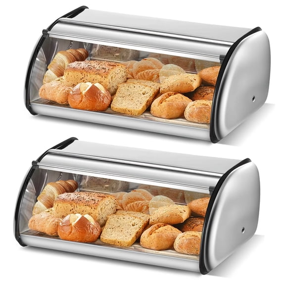 2PCS Bread Box for Kitchen Counter, Stainless Steel Roll Top Bread Bin, Sliver Bread Storage Holder with Lid, Large Capacity Bread Keeper