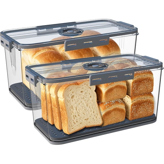 2PCS Bread Boxes,Bread Box for Kitchen Counter Airtight,Time Recording Bread Storage Container with Lid, Bread Keeper for made Bread, Toast, Bagel, Donut and Cookies (Grey)