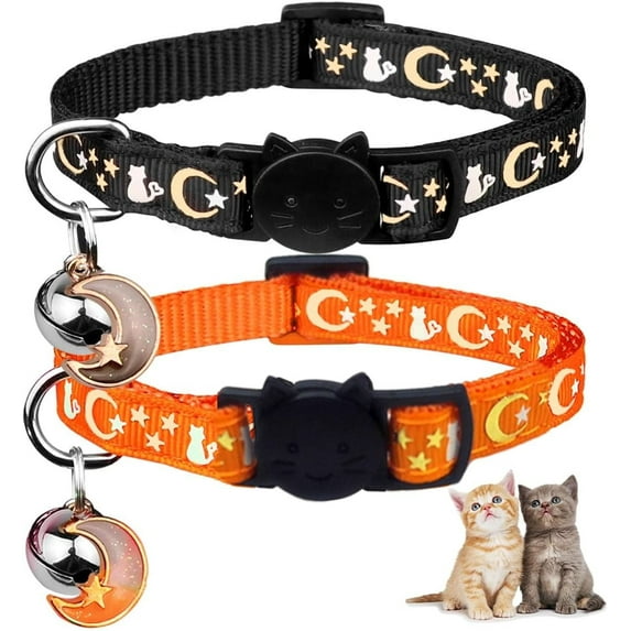 2PCS Breakaway Cat Collars with Bell Cute Kitty Glow in The Dark Adjustable Kitten Collars 7-11.81 Inch