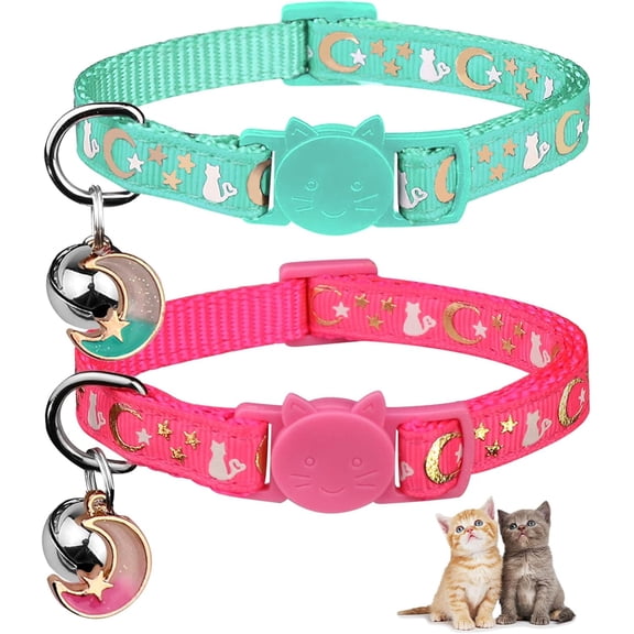 2PCS Breakaway Cat Collars with Bell Cute Kitty Glow in The Dark Adjustable Kitten Collars