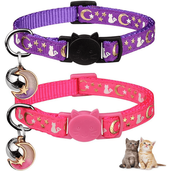 Ludolm 2PCS Breakaway Cat Collars with Bell Moons Stars Cute Kitty Adjustable Safe Kitten Collars with Pendant Glow in The Dark